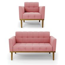 Namoradeira com Poltrona Base de Madeira Castanho Elisa Suede Rosê D03 - D&#039Rossi