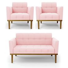 Namoradeira com 2 Poltronas Base de Madeira Castanho Elisa Suede Rosa Bebê D03 - D&#039Rossi