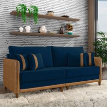 Sofá Living Montecarlo 2 Lugares Bipartido 192cm Pés em Madeira Veludo/PU Azul/Caramelo G33 - Gran