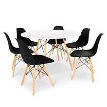 Conjunto de Mesa de Jantar Eames Eiffel Redonda 120cm Tampo de Madeira Branco com 6 Cadeiras Pretas