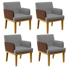 Kit 4 Poltronas Decorativas Sala Estar Beatriz W01 Linho Cinza Escuro Couríssimo Marrom - Lyam Decor
