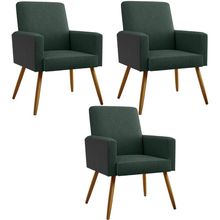 Kit 03 Poltronas Decorativa Maria W01 Pés Palito Linho Verde Musgo Couríssimo Preto - Lyam Decor