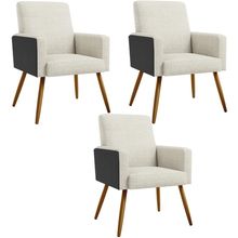 Kit 03 Poltronas Decorativa Maria W01 Pés Palito Linho Champagne Couríssimo Preto - Lyam Decor