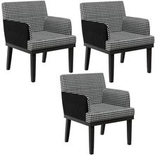 Kit 03 Poltronas Decorativa Base Tabaco Beatriz W01 Suede Pied Poule Couríssimo Preto - Lyam Decor