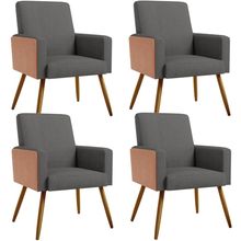 Kit 04 Poltronas Decorativa Maria W01 Pés Palito Linho Cinza Escuro Couríssimo Camel - Lyam Decor