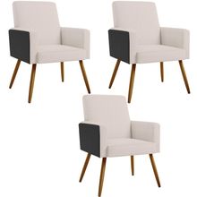 Kit 03 Poltronas Decorativa Maria W01 Pés Palito Linho Cru Couríssimo Preto - Lyam Decor