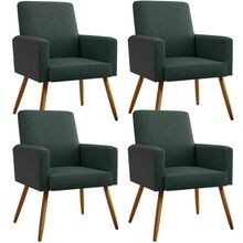Kit 04 Poltronas Decorativa Maria W01 Pés Palito Linho Verde Musgo Couríssimo Preto - Lyam Decor