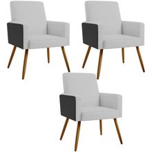 Kit 03 Poltronas Decorativa Maria W01 Pés Palito Linho Cinza Couríssimo Preto - Lyam Decor