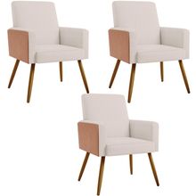 Kit 03 Poltronas Decorativa Maria W01 Pés Palito Linho Cru Couríssimo Camel - Lyam Decor