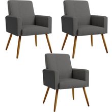Kit 03 Poltronas Decorativa Maria W01 Pés Palito Linho Cinza Escuro Couríssimo Preto - Lyam Decor