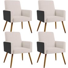 Kit 04 Poltronas Decorativa Maria W01 Pés Palito Linho Cru Couríssimo Preto - Lyam Decor