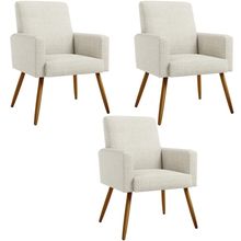 Kit 03 Poltronas Decorativa Para Sala De Estar Maria W01 Pés Palito Linho Champagne - Lyam Decor