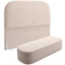 Cabeceira Cama Box Queen 160cm Lanna com Puff Recamier Doha W01 Suede Bege - Lyam Decor