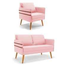 Kit 01 Namoradeira 02 Lugares e 01 Poltrona Mari Suede Rosa Bebê Pés Palito Castanho - D'Rossi