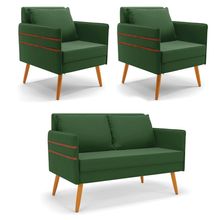 Kit 01 Namoradeira 02 Lugares e 02 Poltronas Mari Suede Verde Pés Palito Castanho - D&#039Rossi
