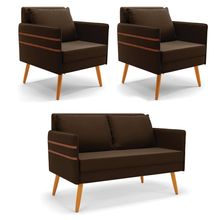 Kit 01 Namoradeira 02 Lugares e 02 Poltronas Mari Suede Marrom Pés Palito Castanho - D&#039Rossi