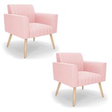 Kit 2 Poltronas Viena Gomada Suede Rosa Bebê Pés Palito Natural - D&#039Rossi