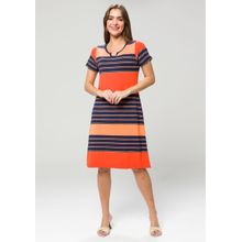 Vestido Pau a Pique Listrado Azul Marinho e Laranja