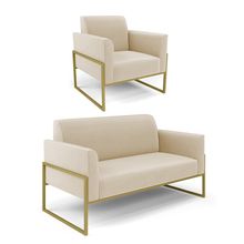 Sofá Namoradeira com Poltrona Base Industrial Alta Dourado Marisa Veludo D03 - D'Rossi