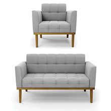 Namoradeira com Poltrona Base de Madeira Castanho Elisa Suede Cinza D03 - D&#039Rossi