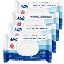 Lenço Umedecido ou Toalhas Antissépticas Mili  4 pacotes c/ 50 (total: 200 toalhas)