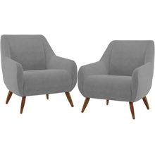 Kit 02 Poltronas Decorativa Fixa Pés de Madeira Paloma D02 Veludo Cinza C-317 - Lyam Decor