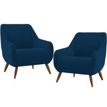 Kit 02 Poltronas Decorativa Fixa Pés de Madeira Paloma D02 Veludo Azul Marinho C-304 - Lyam Decor