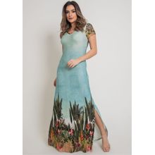 Vestido Longo Pau a Pique Estampado Azul