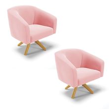 Kit 02 Poltronas Giratória Stella Suede Rosa Bebê Base Madeira MA30 - D'Rossi