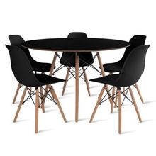 Conjunto de Mesa de Jantar Eames Eiffel Redonda 100cm Tampo de Madeira Preto com 5 Cadeiras Pretas