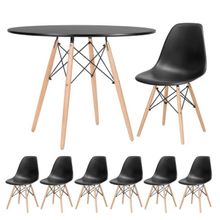 Conjunto de Mesa de Jantar Eames Eiffel Redonda 100cm Tampo de Madeira Preto com 6 Cadeiras Pretas