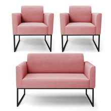 Sofá Namoradeira com 2 Poltronas Base Industrial Preto Marisa Suede Rosê D03 - D'Rossi