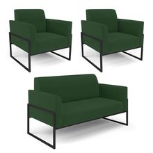 Sofá Namoradeira com 2 Poltronas Base Industrial Alta Preto Marisa Veludo Verde D03 - D&#039Rossi