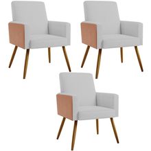 Kit 03 Poltronas Decorativa Maria W01 Pés Palito Linho Cinza Couríssimo Camel - Lyam Decor