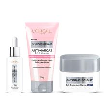 Kit L'oréal Paris Glycolic Bright: Gel de Limpeza Facial Anti-marcas 150g + Sérum Facial Anti-marcas 30ml + Gel Creme Facial Anti-marcas Noite 49g