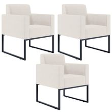 Kit 03 Poltronas Decorativas para Sala e Recepção Base Fixa De Metal Helô L02 Linho Cru - Lyam Decor