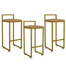 Kit 03 Banquetas Alta Para Cozinha Sala De Jantar Hanna L02 Dourado Linho Bege Escuro - Lyam Decor