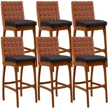 Kit 06 Banquetas Altas Cozinha Sala Jantar Fixa Mila B04 Couríssimo Camel Linho Chumbo - Lyam Decor