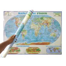 Mapa Mundi Físico Escolar Atualizado Zonas Sísmicas e Vulcões Legenda em Português 120x90CM
