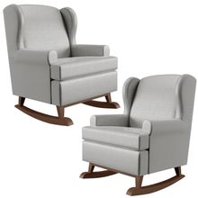 Kit 2 Poltronas De Amamentação Com Balanço Malu Base Madeira P02 Facto Cinza Metalizado - Lyam Decor