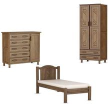 Conjunto Quarto Solteiro: Guarda-Roupa Multiuso 2 Portas, Cômoda Sapateira, Cama Madeira Pinus Imbuia - Cavazotto