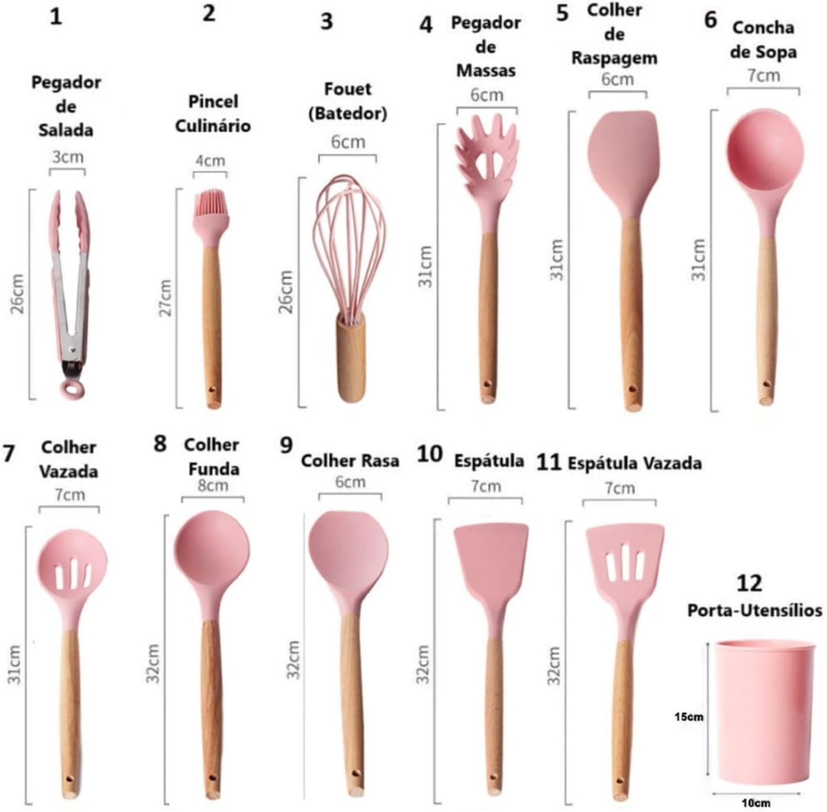 Kit Utensílios de Cozinha em Silicone Jogo com 12 Peças Conjunto de Utensilios Para Cozinha Silicone Cabo de Madeira