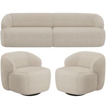 Sofá 4 Lugares Curvo Orgânico com 02 Poltronas Para Sala Living 280cm Barolo L06 Linho Bege Escuro - Lyam Decor