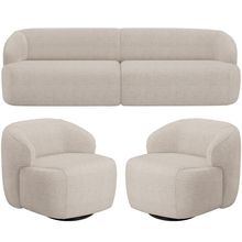 Sofá 3 Lugares Curvo Orgânico com 02 Poltronas Para Sala Living 250cm Barolo L06 Linho Bege - Lyam Decor