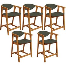 Kit 05 Banquetas Baixa Para Cozinha Sala Jantar Bancada Cecília L02 Linho Verde Musgo - Lyam Decor