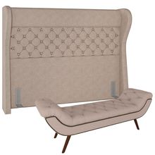 Kit Cabeceira Cama Box Casal 140 cm Madrid com Puff Recamier Santorini Linho Bege - Lyam Decor