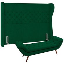 Kit Cabeceira Cama Box Casal 160 cm Madrid com Puff Recamier Santorini Bouclê Verde - Lyam Decor