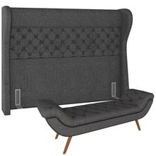 Kit Cabeceira Cama Box Casal 160 cm Madrid com Puff Recamier Santorini Linho Chumbo - Lyam Decor