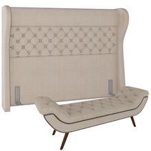 Kit Cabeceira Cama Box Casal 140 cm Madrid com Puff Recamier Santorini Linho Creme - Lyam Decor