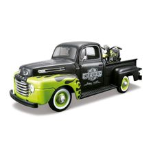 Miniatura Colecionável Ford F-1 Pick-Up 1948 Preto + Moto Harley Davidson FL Panhead 1948 Verde 1/24 Maisto